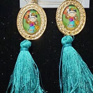 Gold and Teal Tassel Earrings